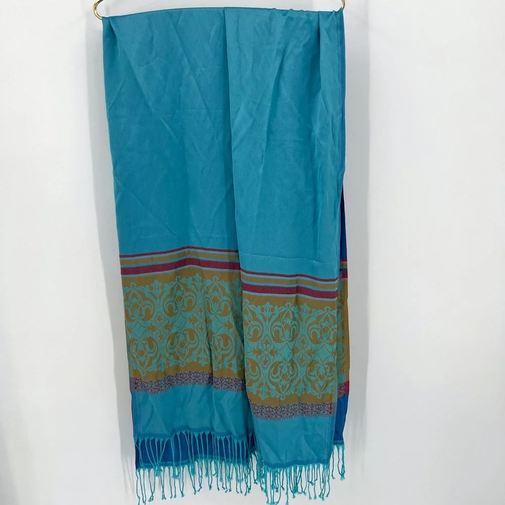 100% Silk Fringed Rectangular Scarf Shawl Blue‎